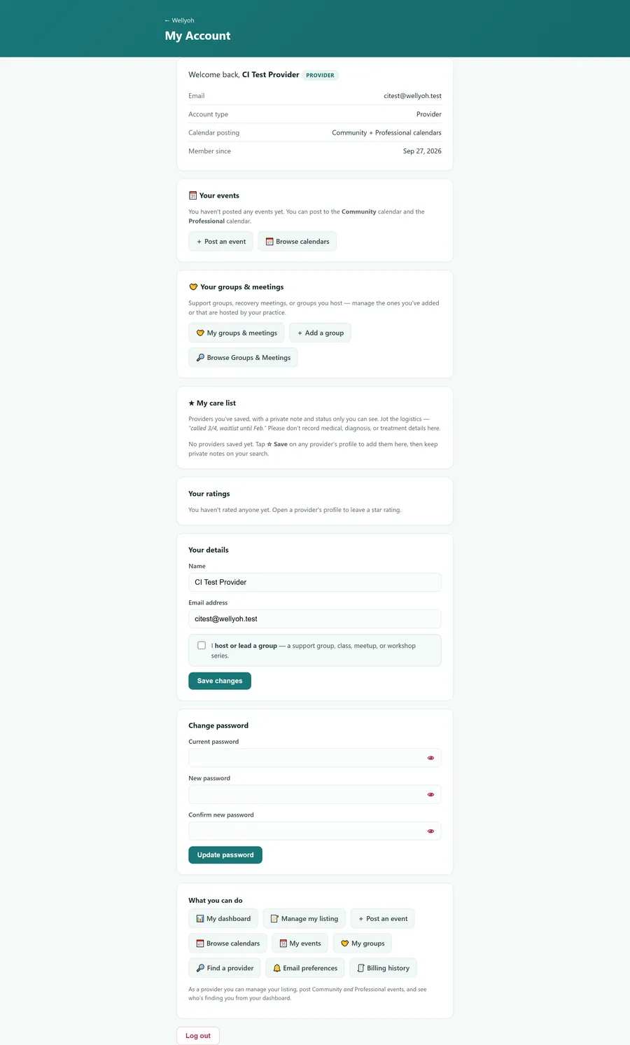 The Wellyoh My Account page, showing account details, events, groups, care list, and settings.