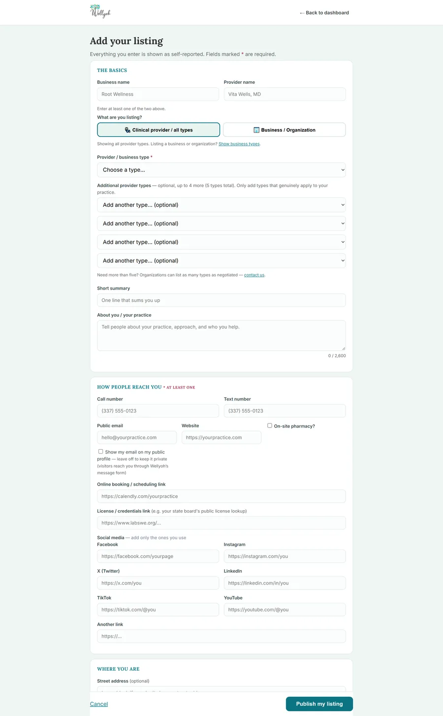 The Add your listing form on Wellyoh, showing business name, provider type, summary, and contact fields.